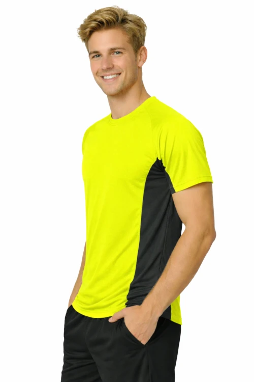 Koszulka sportowa z ciemnymi wstawkami bocznymi kolor żółty FLUO widok z boku.png