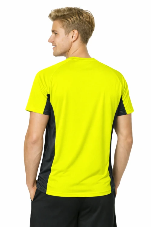 Koszulka sportowa z ciemnymi wstawkami bocznymi kolor żółty FLUO widok z tyłu.png