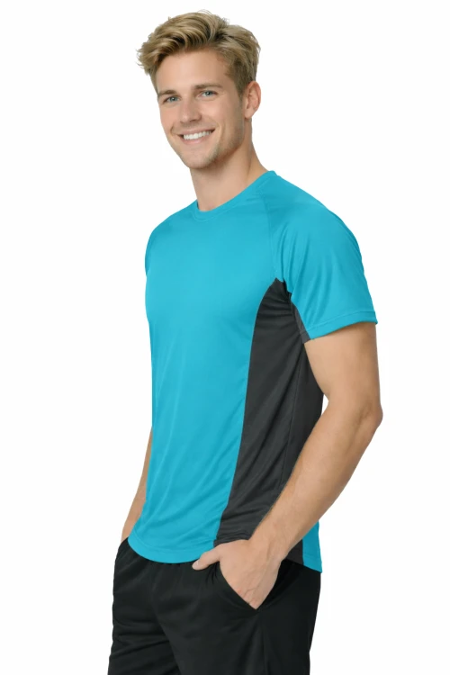 Koszulka sportowa z ciemnymi wstawkami bocznymi kolor turkusowy widok z boku.png