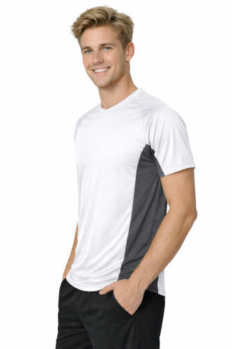 Koszulka sportowa z ciemnymi wstawkami bocznymi kolor biały widok z boku.png