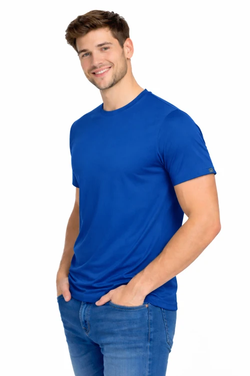 Koszulka sportowa z któtkim rękawem IMOLA chabrowa widok z boku.png